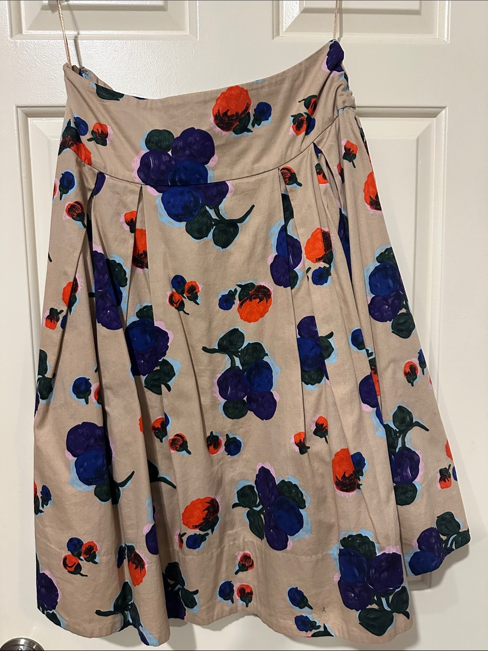 Anthropologie Odille Floral Pleated Midi Skirt - Neutral with Purple & Red Bloom